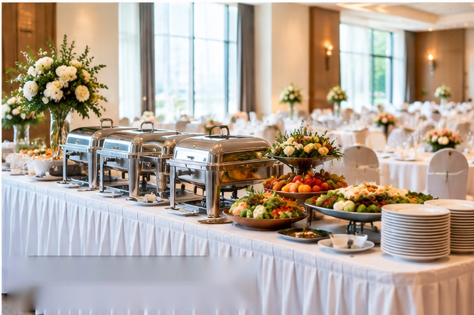 Catering buffet with stainless steel chafing dishes, fresh salads, fruit platters, white tablecloth, and floral arrangements.