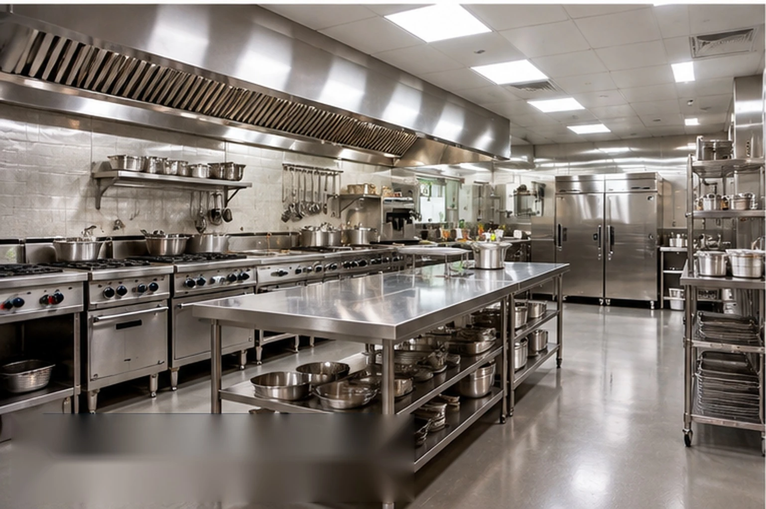 Commercial kitchen with stainless steel cooking equipment, extractor hood, prep island, and commercial refrigerators.