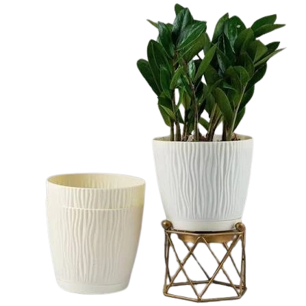 Green indoor plant in a white ribbed ceramic pot with a gold metal stand, beside a matching empty white planter.