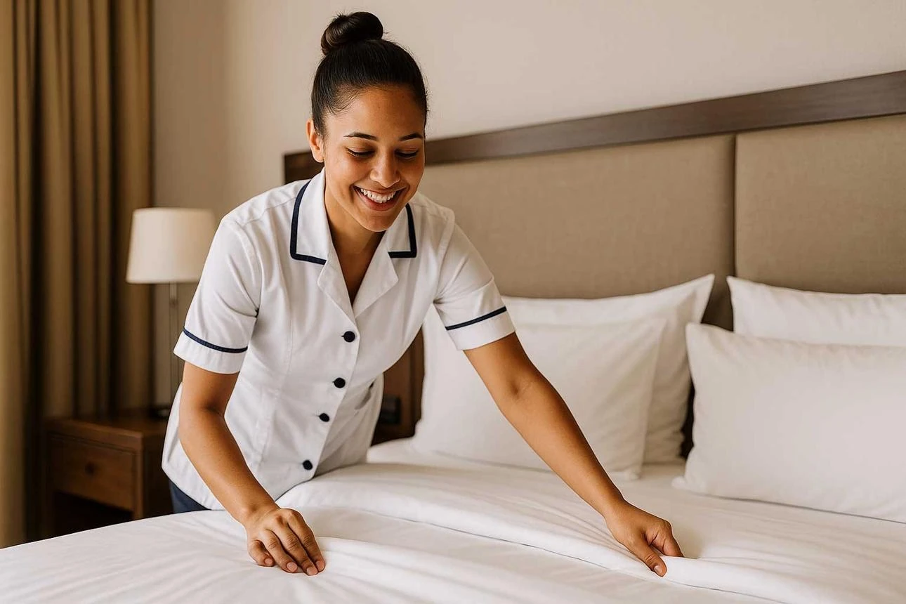 Hotel room attendant in a white uniform making a bed with clean white linens in a comfortable hotel room.