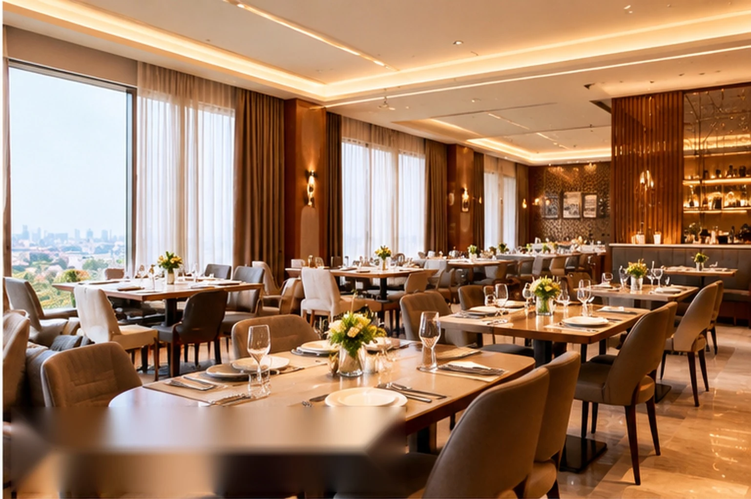 Modern restaurant interior with dining tables and elegant seating